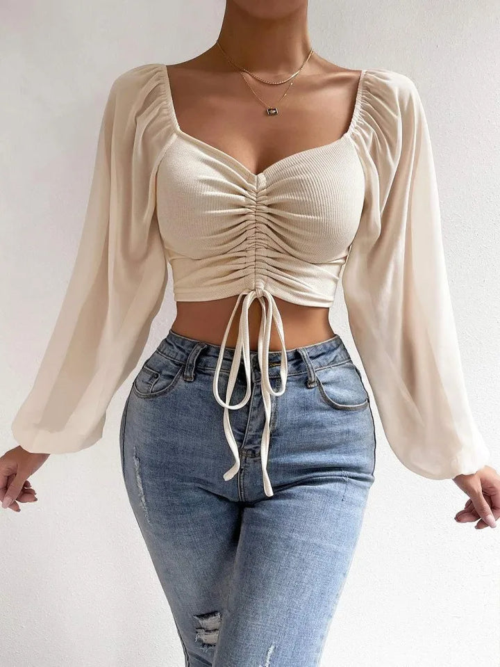 Women's Crop Top Ruched Slim Fit Long Sleeve Sheer Sleeve Drawstring Front