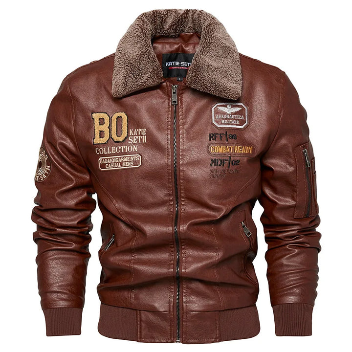 Men's Leather Bomber Jacket Slim Fit Zip-Up Long Sleeve Fur Collar Casual Pilot