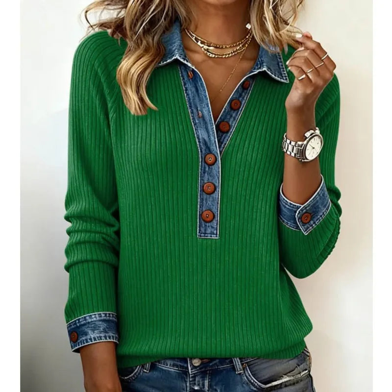 Women's Knit Ribbed Sweater with Buttons, Long Sleeve, Patchwork