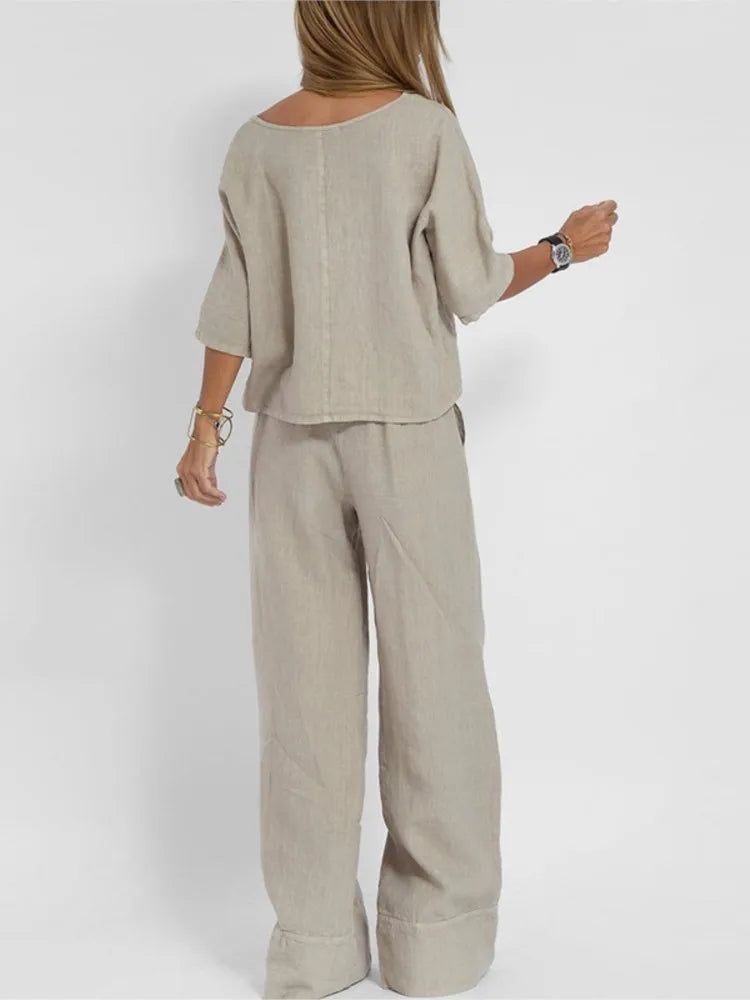Women's Two Piece Set Fit Short Sleeve Crew Neck Top Wide Leg Pants