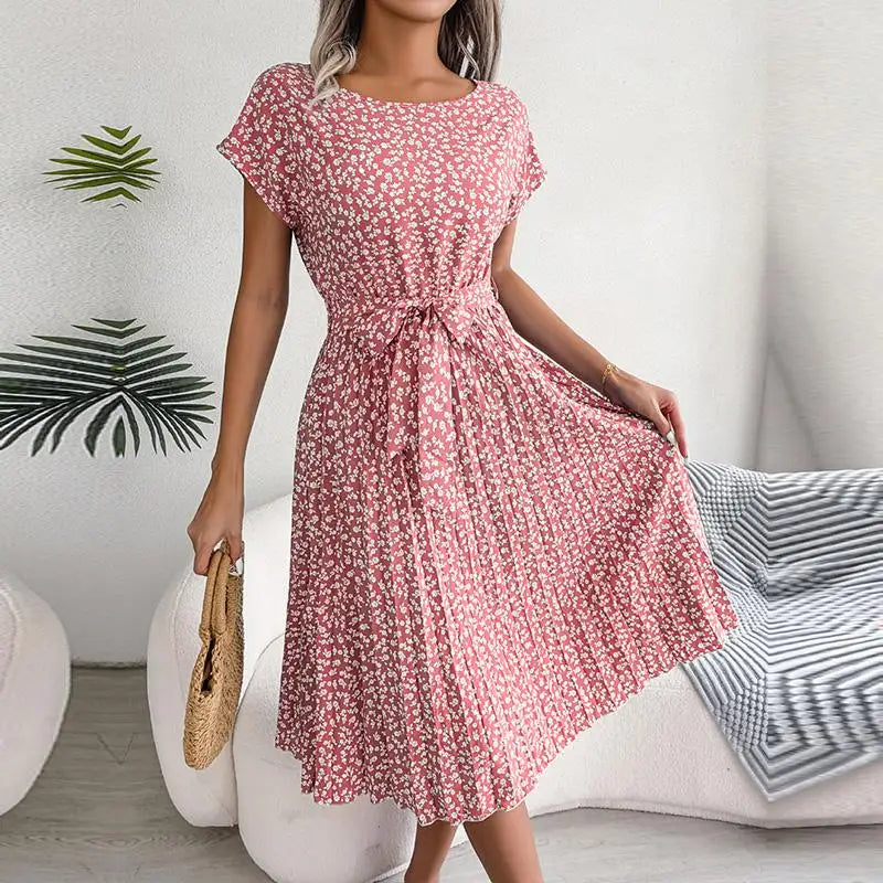 Women's Midi Dress Chiffon Floral Pleated Short Sleeve – Casual Summer