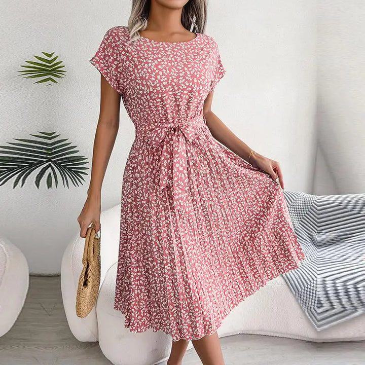 Women's Midi Dress Chiffon Floral Pleated Short Sleeve – Casual Summer