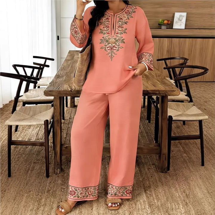 Women's Two Piece Set Embroidered Fit Long Sleeve V-Neck Top Wide Leg Pants