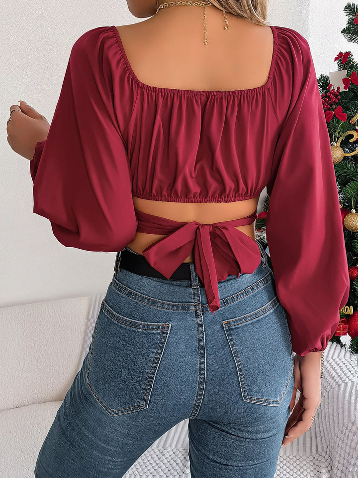 Women's Crop Top Slim Fit Long Sleeve Square Neck Elastic Hem