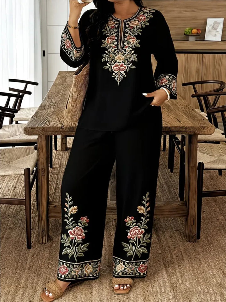 Women's Two Piece Set Embroidered Fit Long Sleeve V-Neck Top Wide Leg Pants
