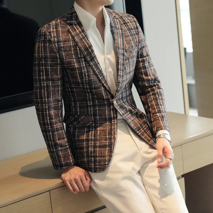 Men's Blazer Plaid Slim Fit Button Closure Long Sleeve Business Casual