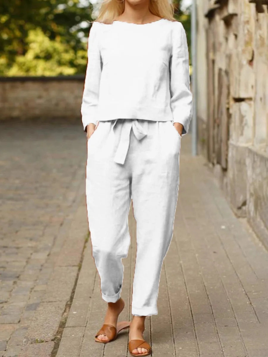 Women's Two Piece Set Fit Long Sleeve Crew Neck Top Cargo Pants Ankle Length