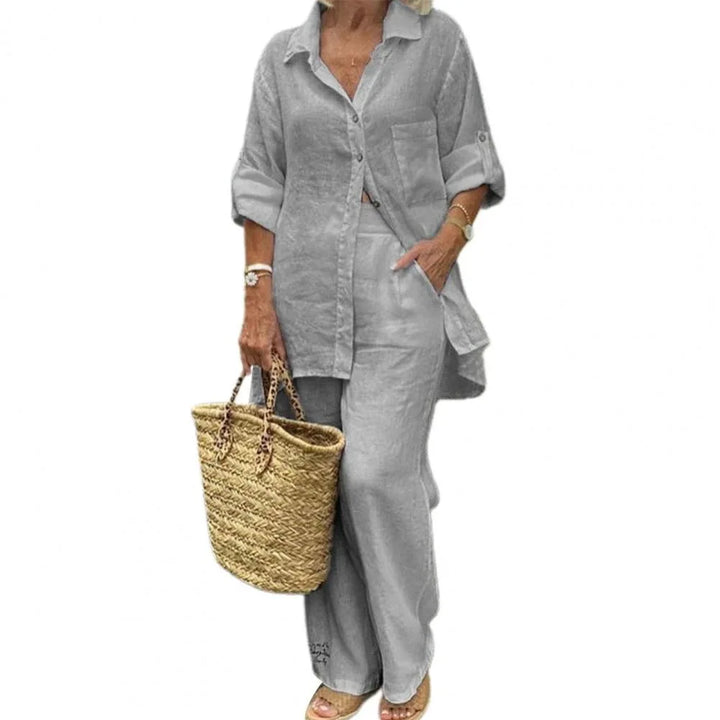 Women's Two Piece Set Fit Button-Up Long Sleeve Shirt Wide Leg Pants