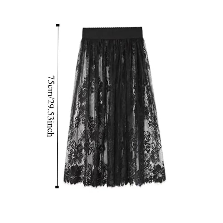 Women's Midi Skirt Ice Silk Mesh Lace Floral High Waist Elastic A-Line