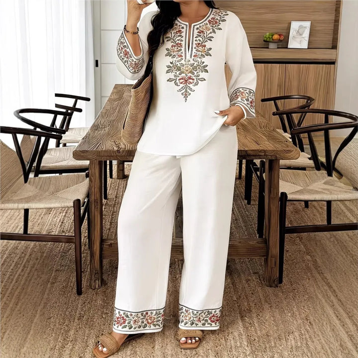 Women's Two Piece Set Embroidered Fit Long Sleeve V-Neck Top Wide Leg Pants