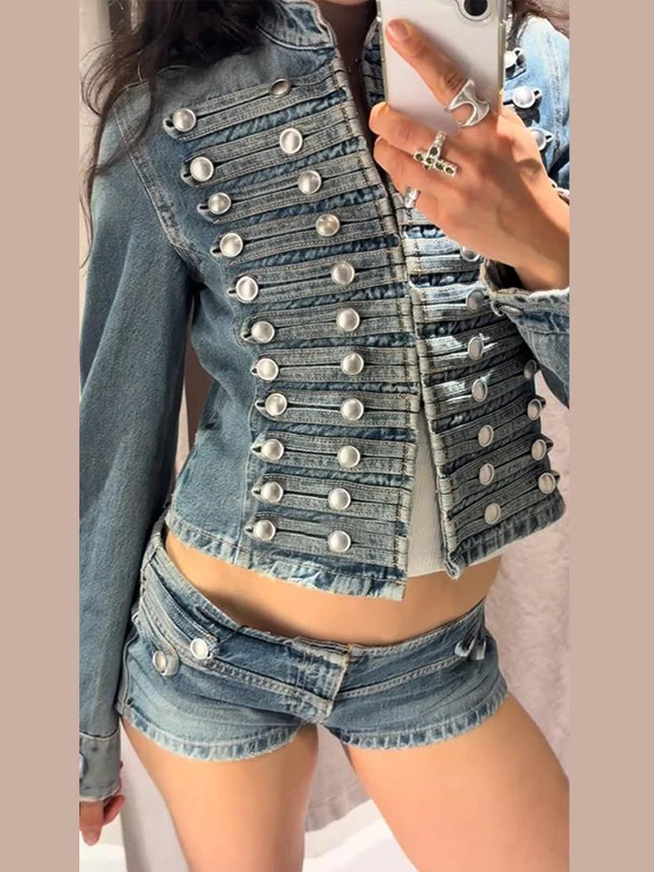 Women's Denim Jacket Slim Fit Button-Up Cropped Long Sleeve and Shorts set