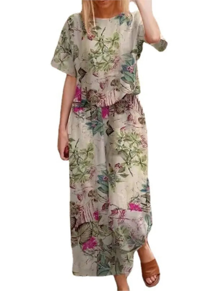 Women's Floral Midi Dress Relaxed Fit Short Sleeve Crew Neck