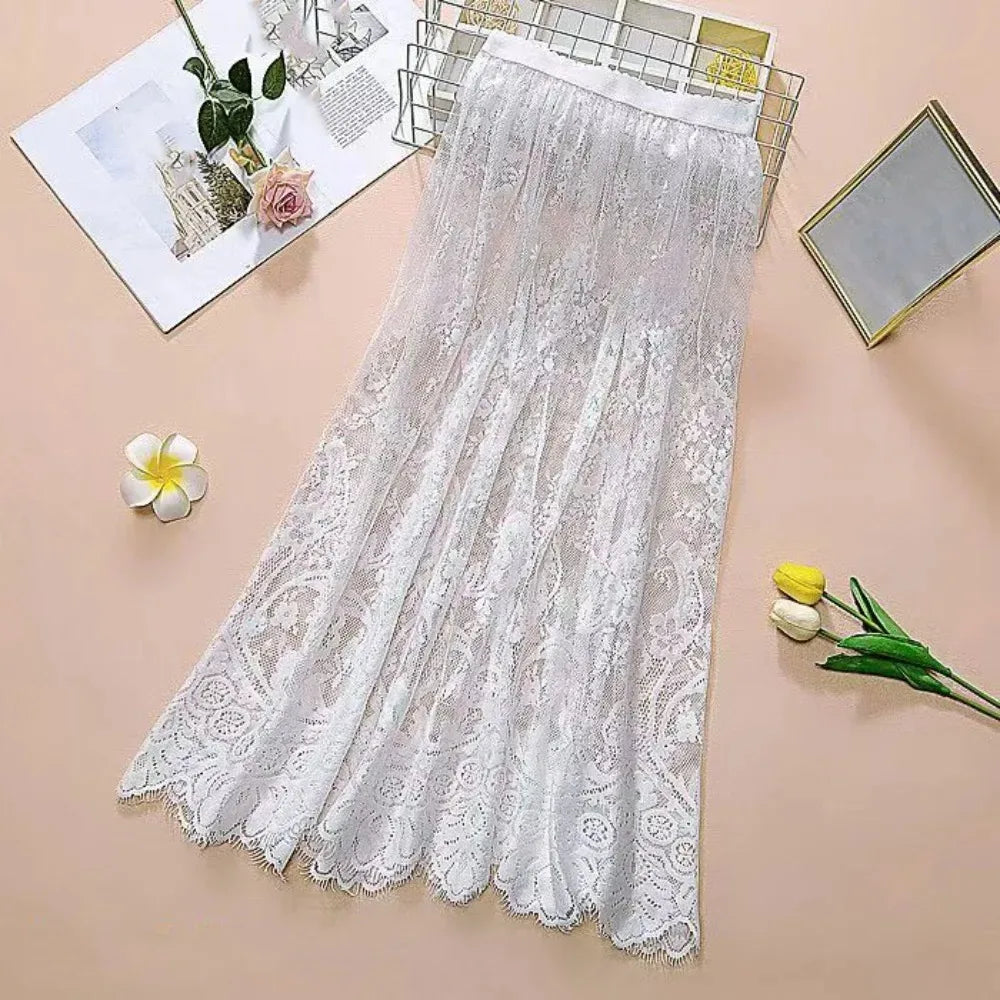 Women's Midi Skirt Ice Silk Mesh Lace Floral High Waist Elastic A-Line