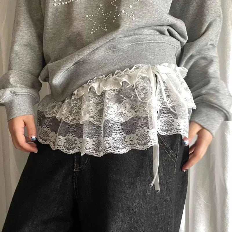 Women's Midi Skirt Lace Mesh Floral Asymmetric Hem High Waist A-Line