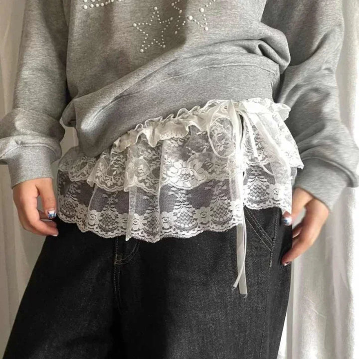 Women's Midi Skirt Lace Mesh Floral Asymmetric Hem High Waist A-Line