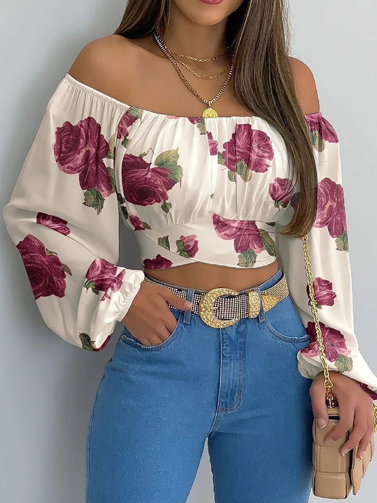 Women's Blouse Off Shoulder Slim Fit Long Sleeve Elastic Neck Crop