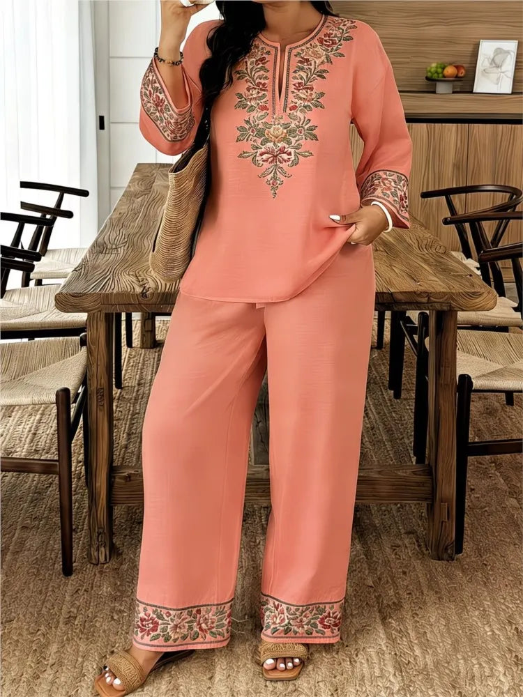 Women's Two Piece Set Embroidered Fit Long Sleeve V-Neck Top Wide Leg Pants