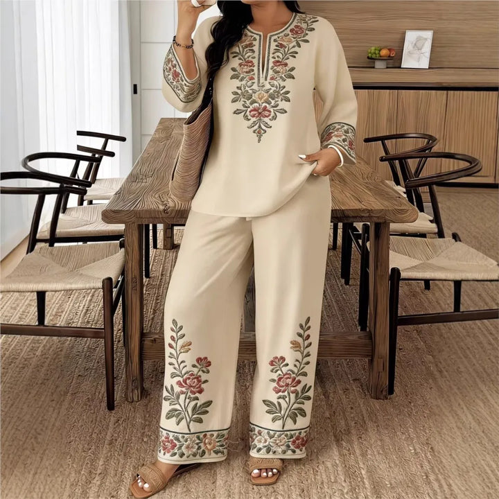 Women's Two Piece Set Embroidered Fit Long Sleeve V-Neck Top Wide Leg Pants