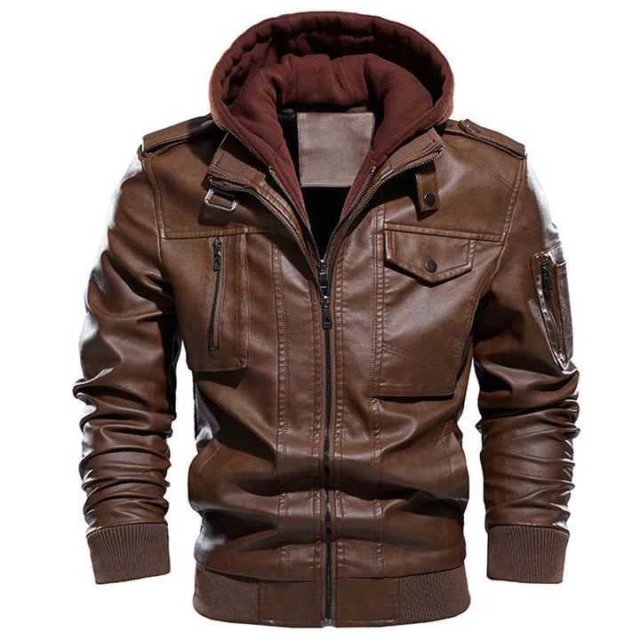Men's PU Leather Bomber Jacket with Hood, Zip-Up, Long Sleeve, Casual Motorcycle Style