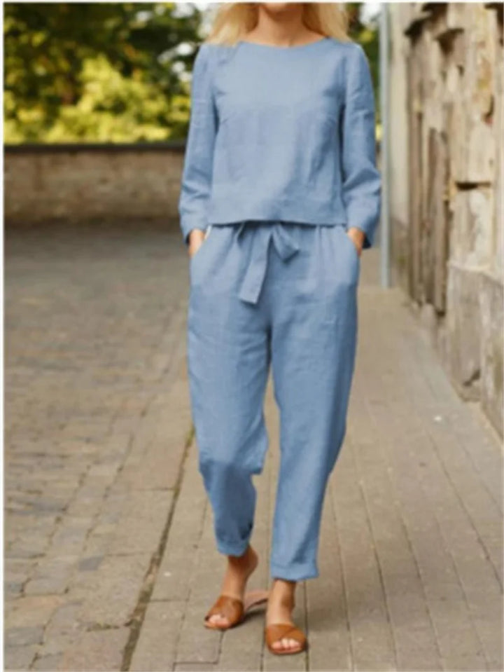 Women's Two Piece Set Fit Long Sleeve Crew Neck Top Cargo Pants Ankle Length
