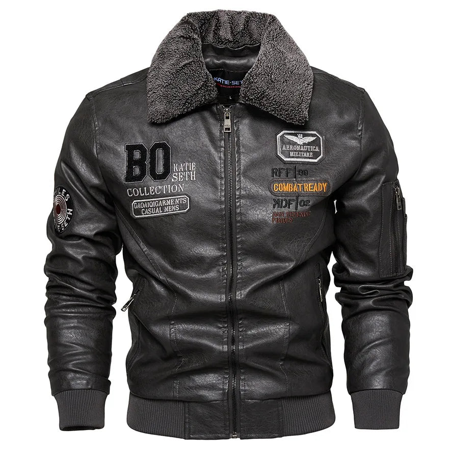 Men's Leather Bomber Jacket Slim Fit Zip-Up Long Sleeve Fur Collar Casual Pilot