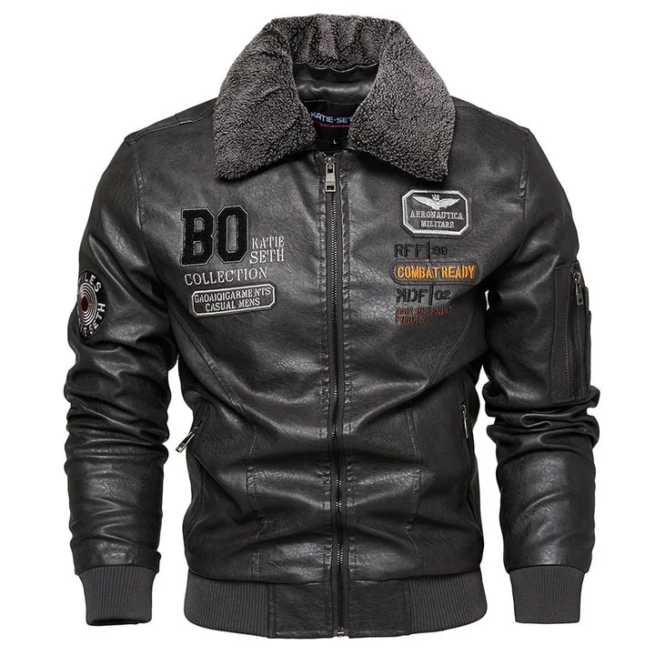 Men's Leather Bomber Jacket Slim Fit Zip-Up Long Sleeve Fur Collar Casual Pilot