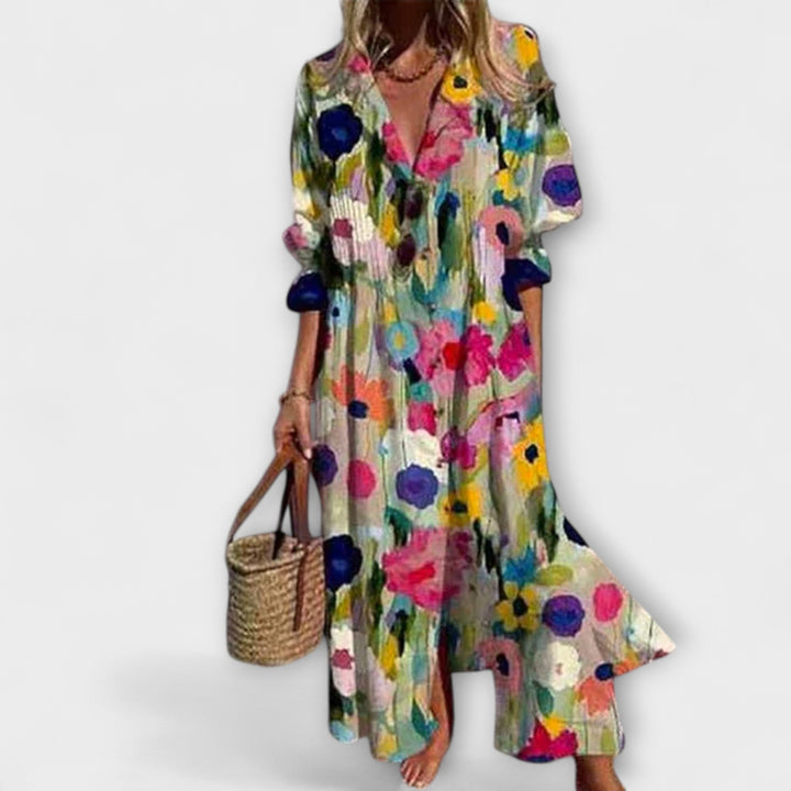 Women's Floral V-Neck Long Sleeve Button Dress – Casual Beach