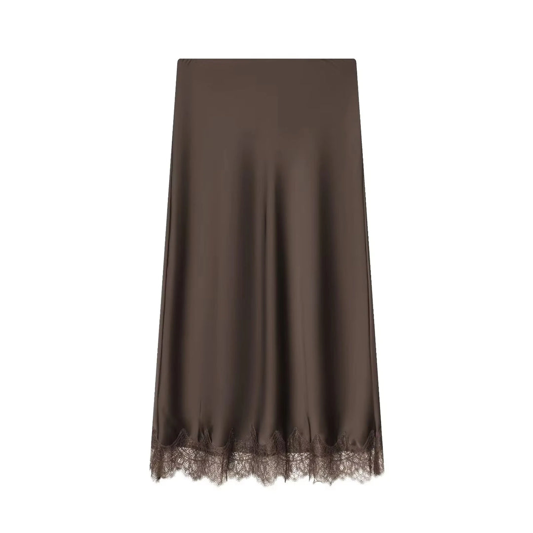 Women's Midi Skirt Satin Polka Dot Lace High Waist Straight Fit