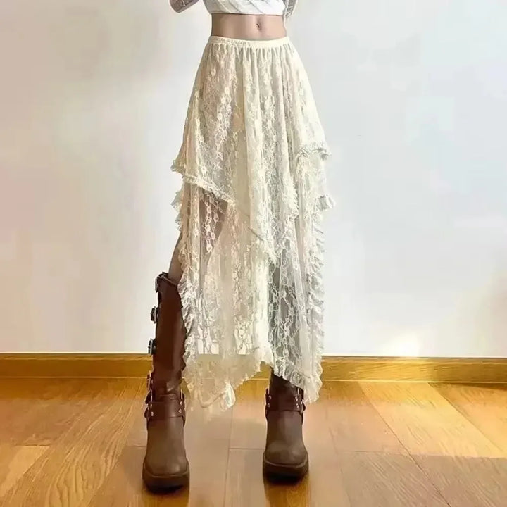 Women's Midi Skirt Lace Asymmetric High Waist A-Line – Boho Formal