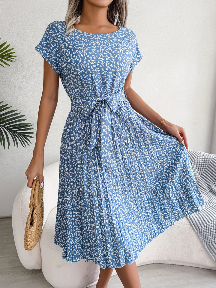 Women's Midi Dress Chiffon Floral Pleated Short Sleeve – Casual Summer