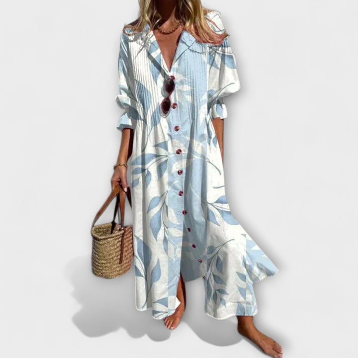 Women's Floral V-Neck Long Sleeve Button Dress – Casual Beach
