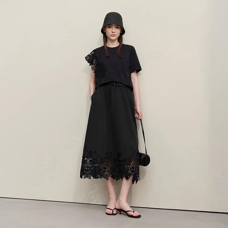 Women's Midi Skirt Floral Lace Hem Elastic Waist Cutout Loose Fit