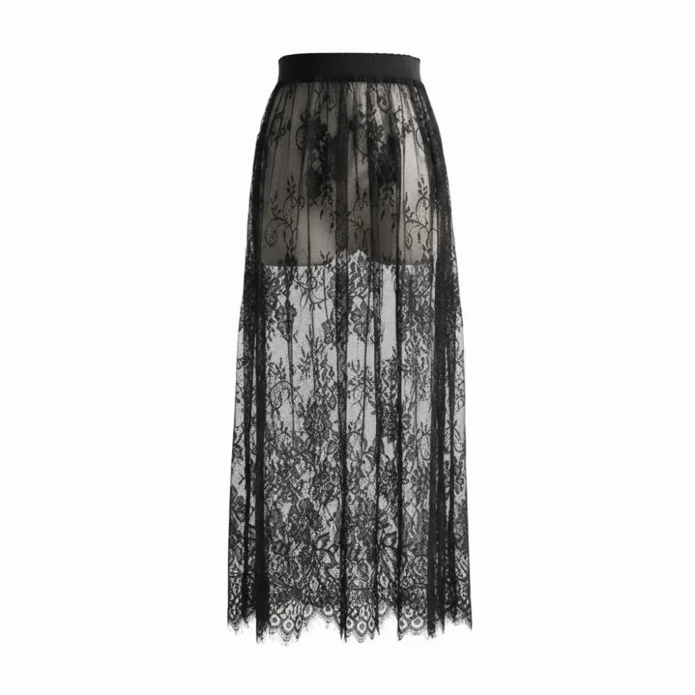 Women's Midi Skirt Ice Silk Mesh Lace Floral High Waist Elastic A-Line