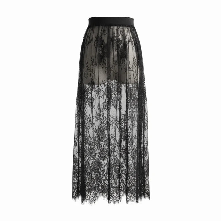 Women's Midi Skirt Ice Silk Mesh Lace Floral High Waist Elastic A-Line