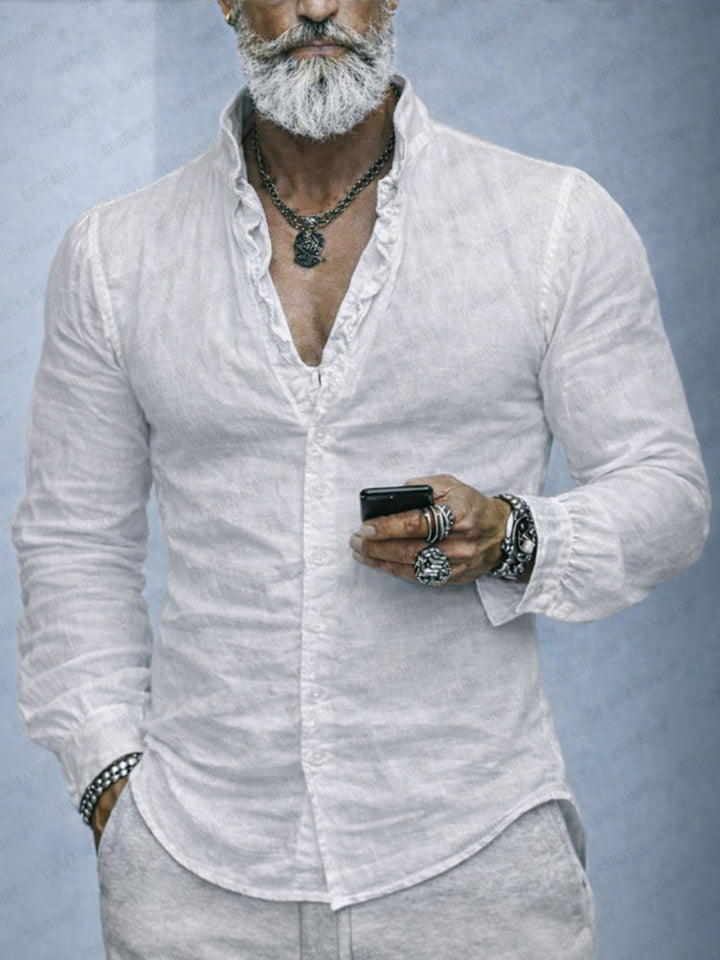 Men's Shirt Cotton Ruffled Neck Slim Fit Long Sleeve Button-Up Casual