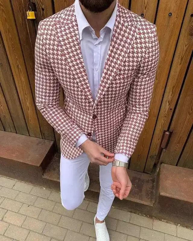 Men's Blazer Houndstooth Check Slim Fit Peak Lapel Button Closure Long Sleeve Formal Casual