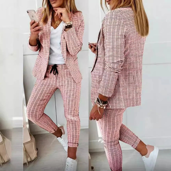 Women’s Suit Set Velvet Checked Slim Fit Blazer Sleeveless Top And Trousers
