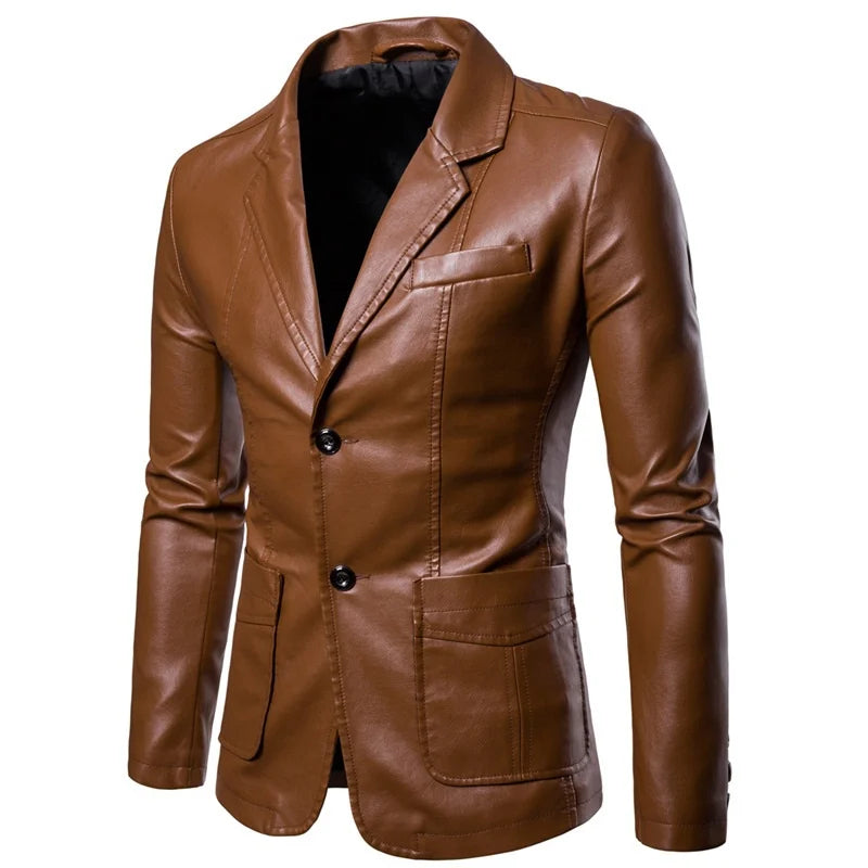 Men's Leather Blazer Slim Fit Button-Up Notch Lapel Long Sleeve – Formal
