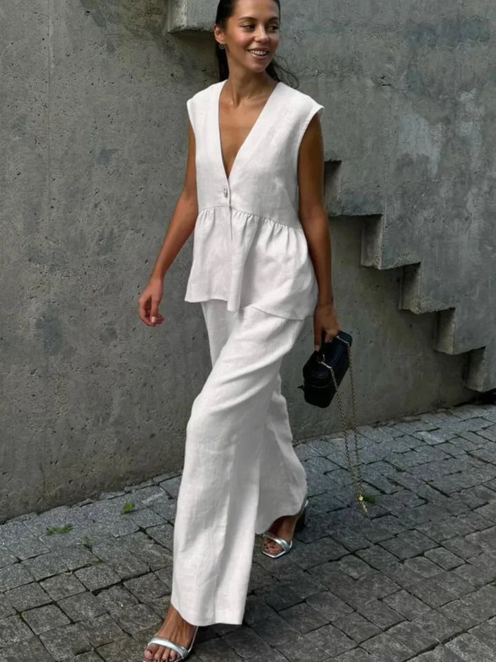 Women's Two Piece Set Sleeveless Relaxed Fit V-Neck Top Wide Leg Pants