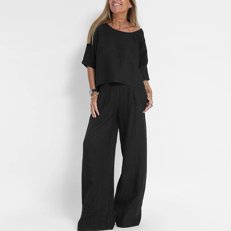 Women's Two Piece Set Fit Short Sleeve Crew Neck Top Wide Leg Pants
