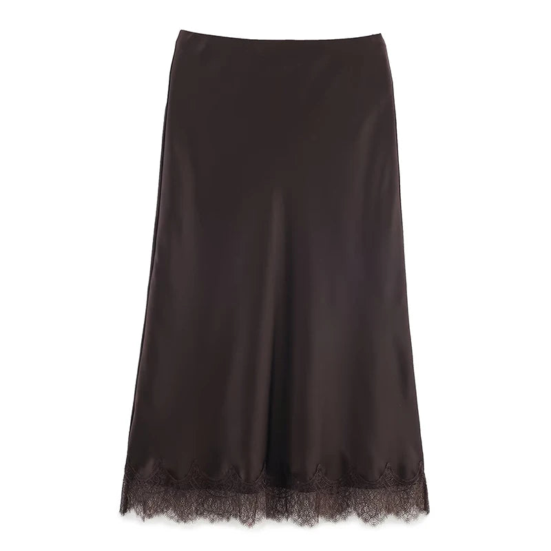 Women's Midi Skirt High Waist Pleated Lace Hem A-Line Vintage