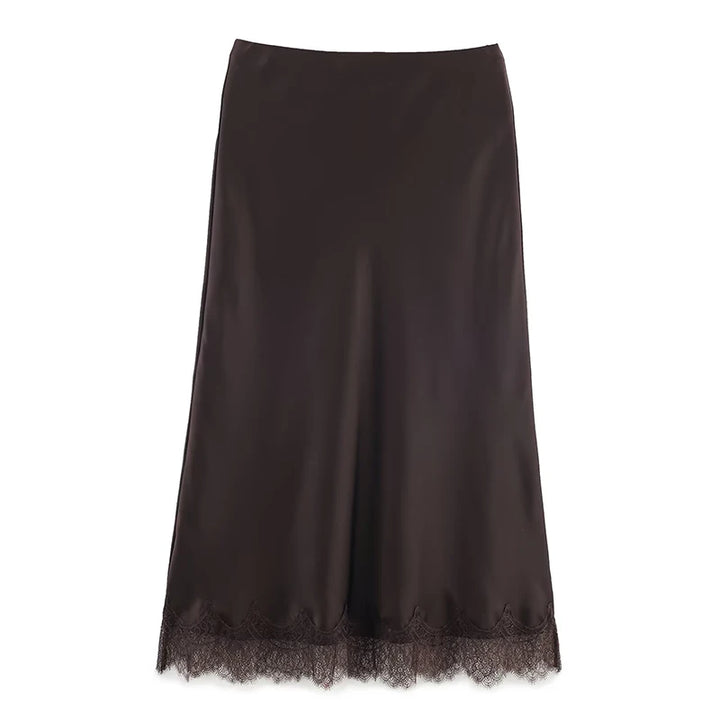 Women's Midi Skirt High Waist Pleated Lace Hem A-Line Vintage