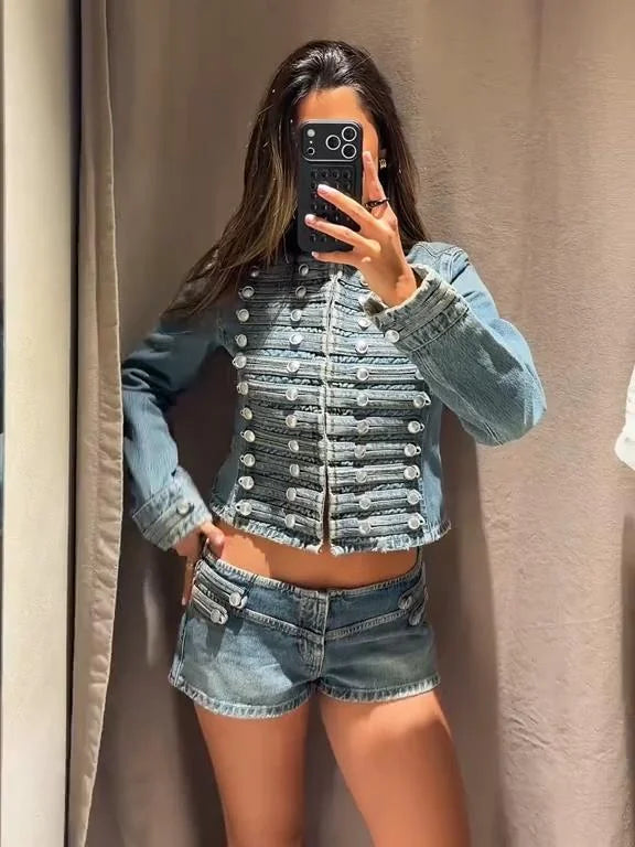 Women's Denim Jacket Slim Fit Button-Up Cropped Long Sleeve and Shorts set