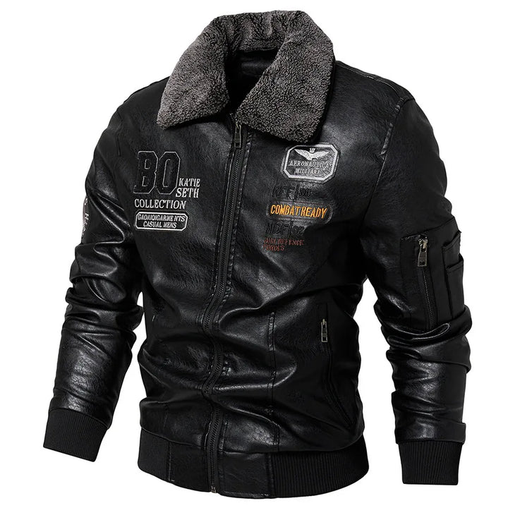 Men's Leather Bomber Jacket Slim Fit Zip-Up Long Sleeve Fur Collar Casual Pilot