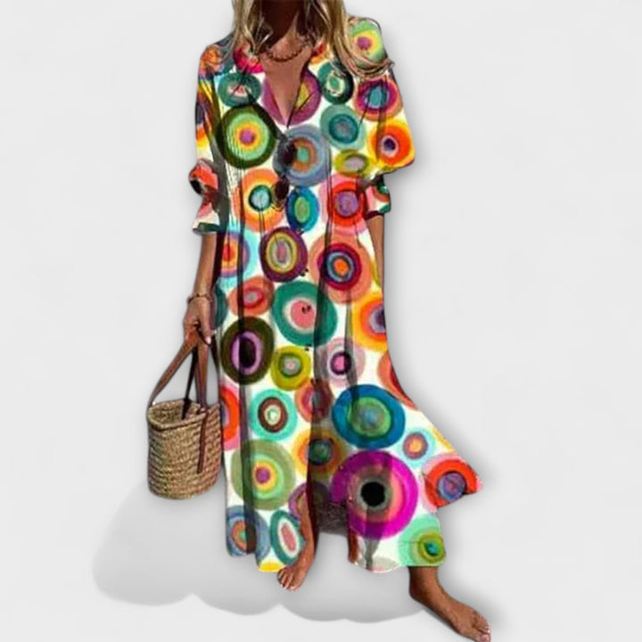 Women's Floral V-Neck Long Sleeve Button Dress – Casual Beach
