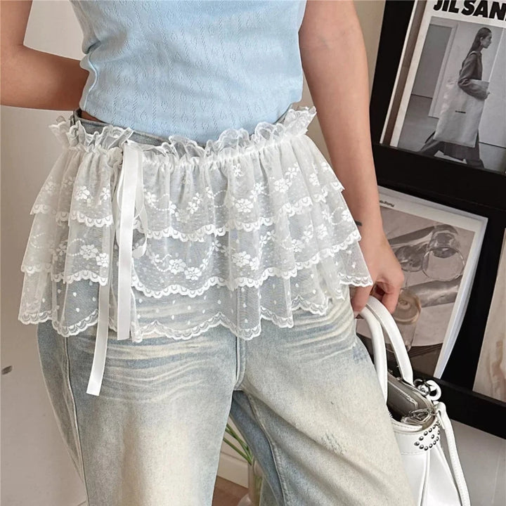 Women's Midi Skirt Lace Mesh Floral Asymmetric Hem High Waist A-Line