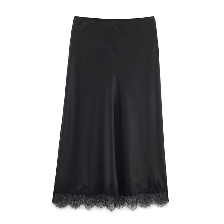 Women's Midi Skirt High Waist Pleated Lace Hem A-Line Vintage