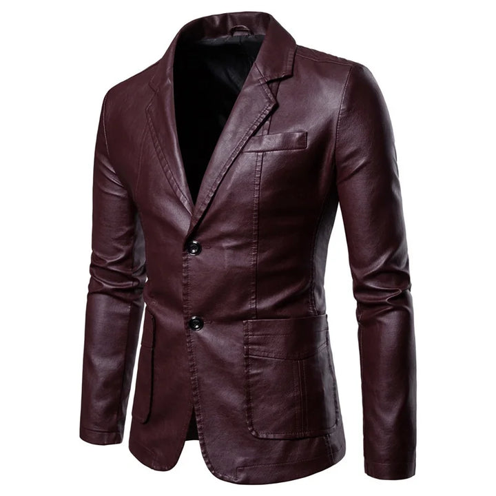 Men's Leather Blazer Slim Fit Button-Up Notch Lapel Long Sleeve – Formal