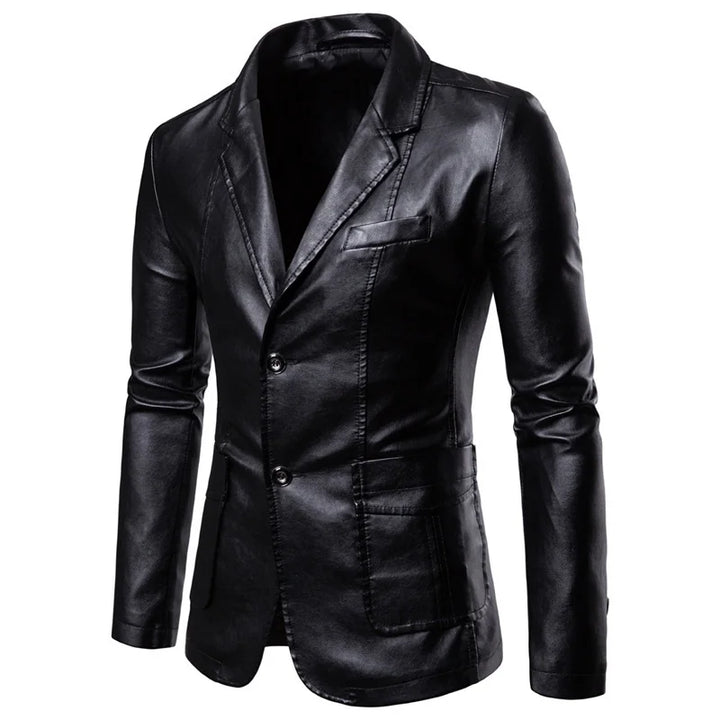 Men's Leather Blazer Slim Fit Button-Up Notch Lapel Long Sleeve – Formal