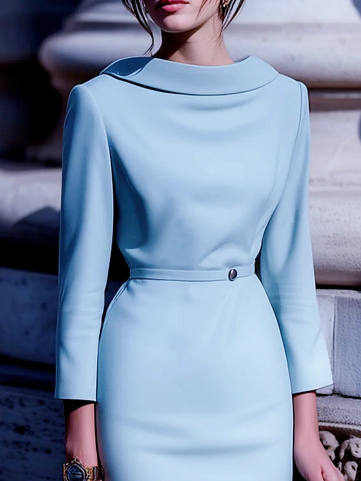 Women's Midi Dress Polyester Solid Color Turn-Down Collar V-Back Belted Mid Sleeve Zip Closure